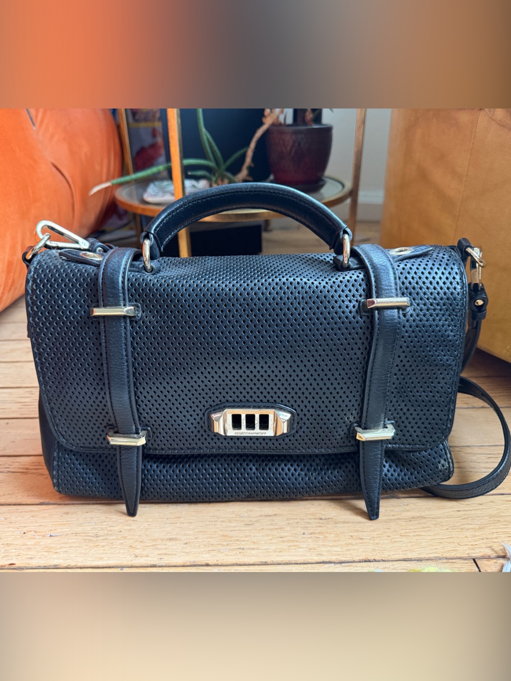 Rebecca Minkoff Black Perforated Leather Messenger Bag